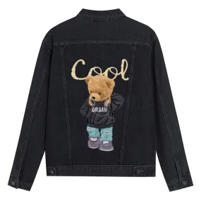 Mens Vintage Cartoon Cool Bear Prints Denim Jacket