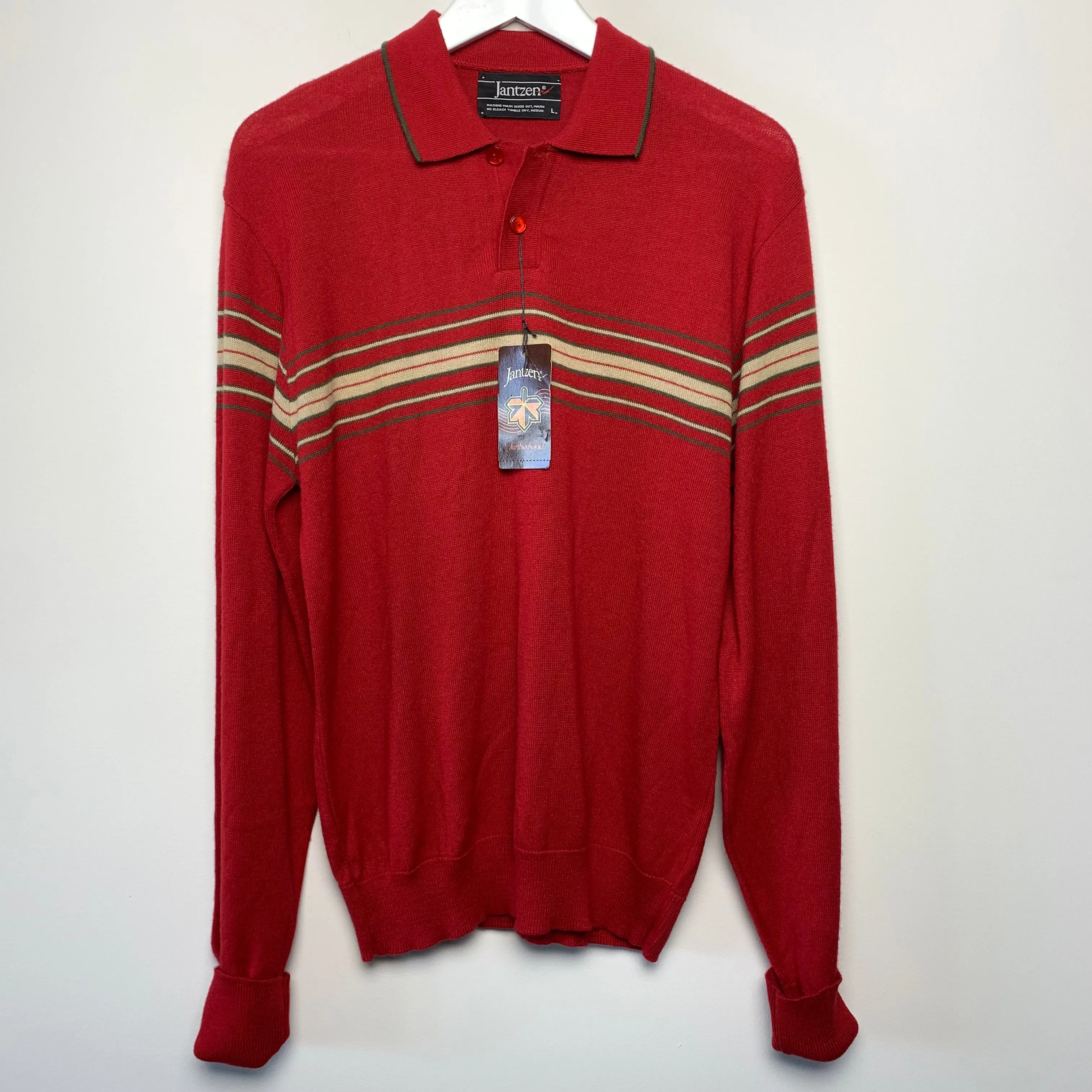 NWT 70s 80s Jantzen Red Polo Sweater with Stripes Large