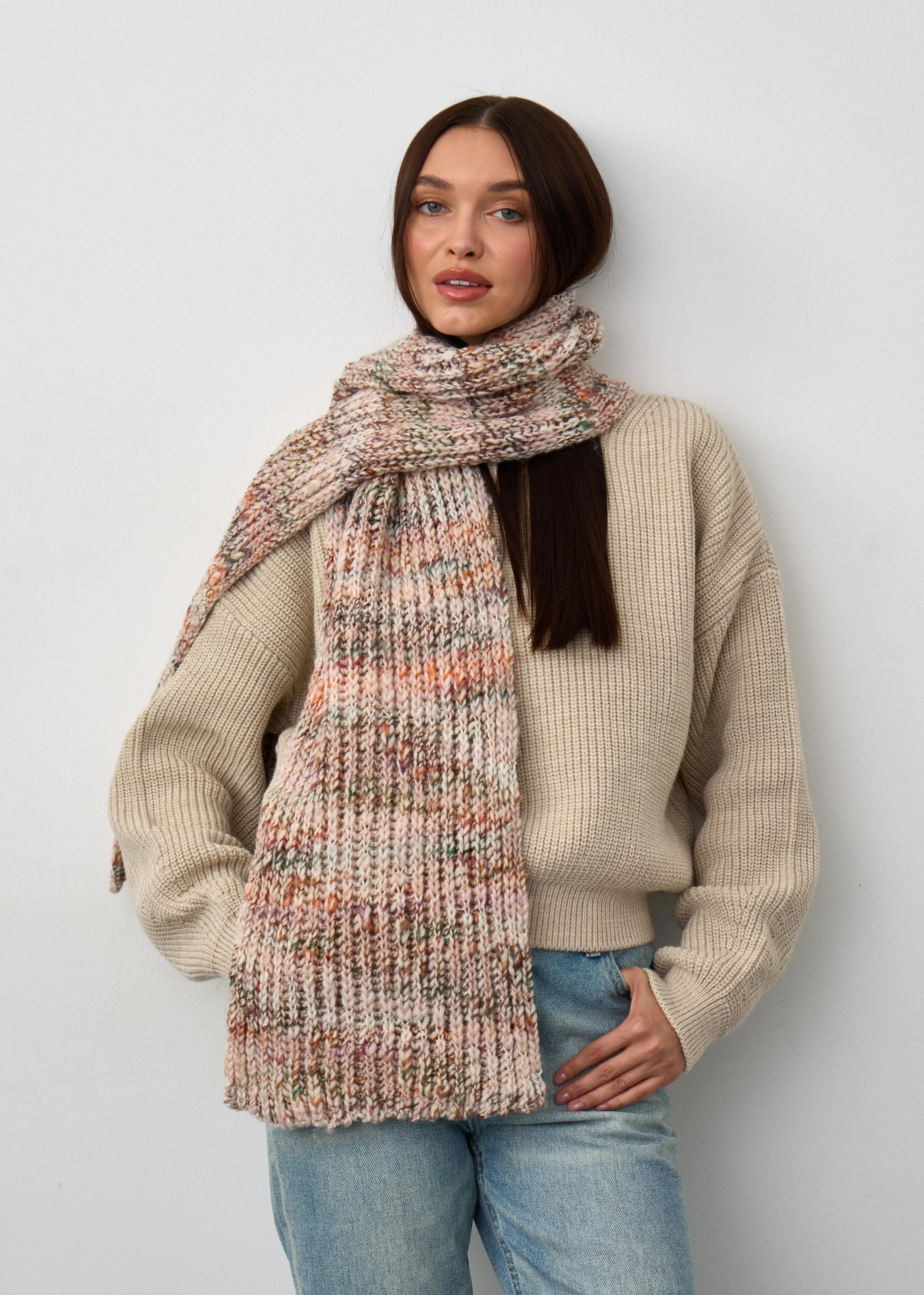 Oversized Alpaca Wool Scarf - White & Powder & Brown