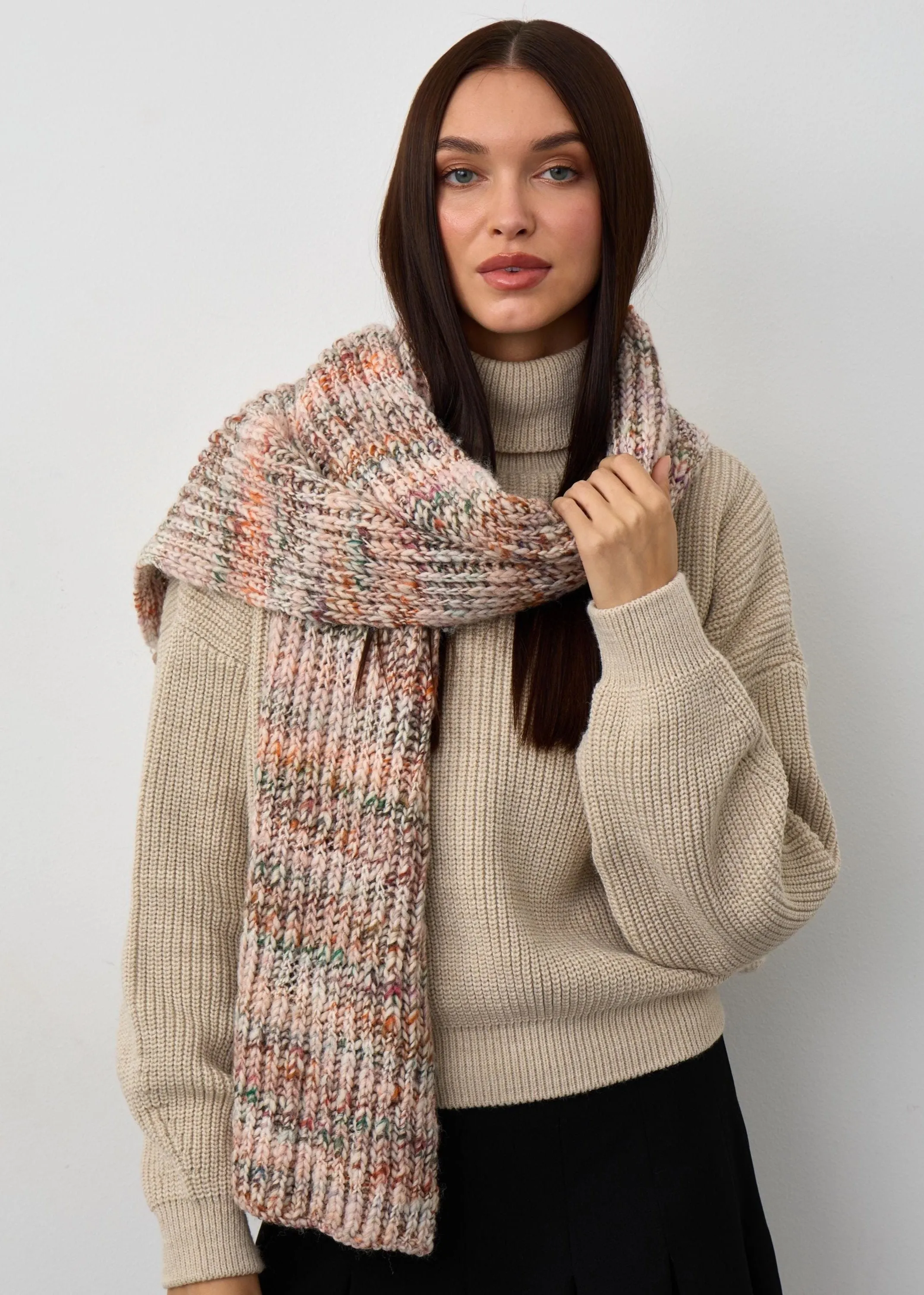Oversized Alpaca Wool Scarf - White & Powder & Brown
