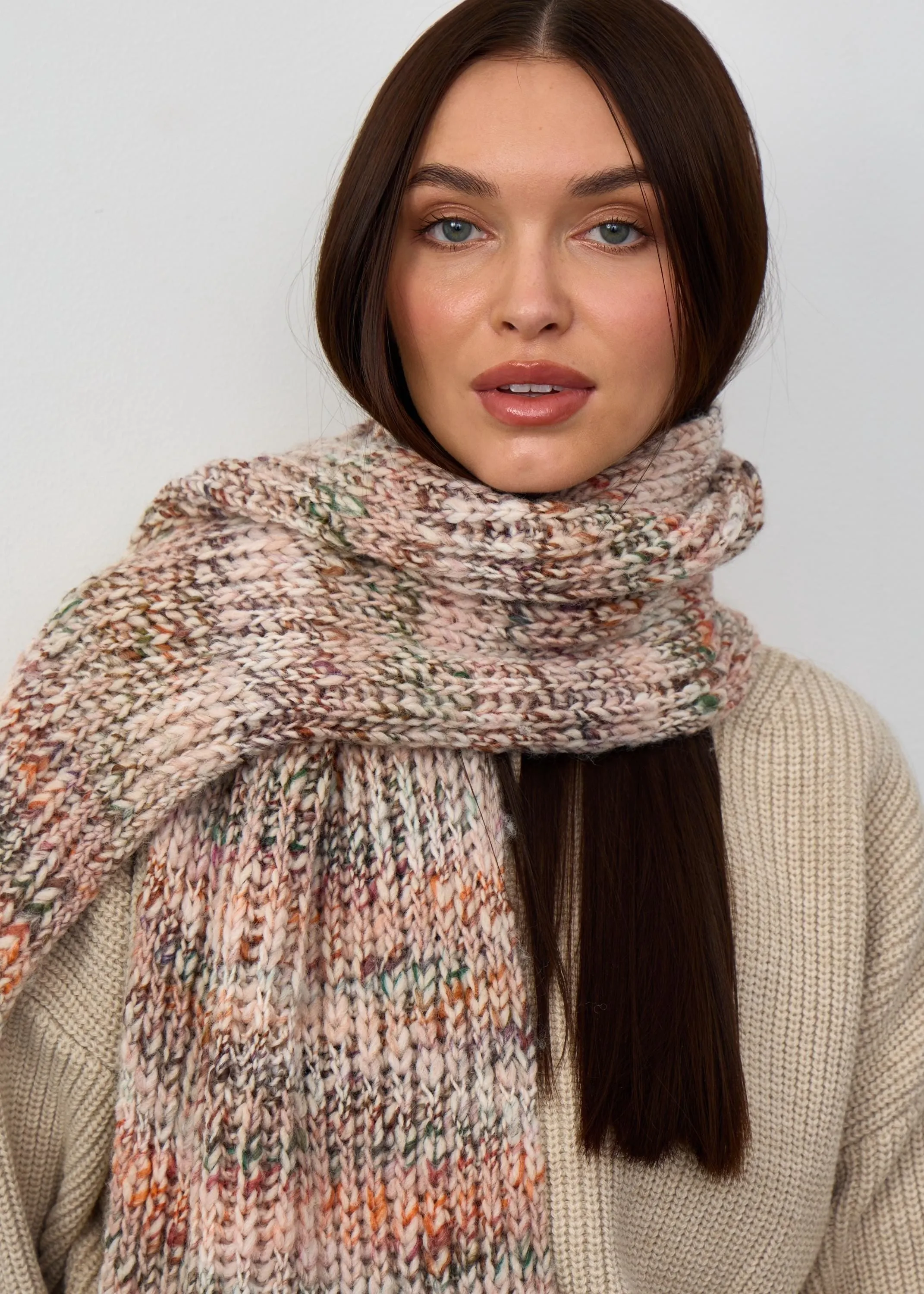 Oversized Alpaca Wool Scarf - White & Powder & Brown