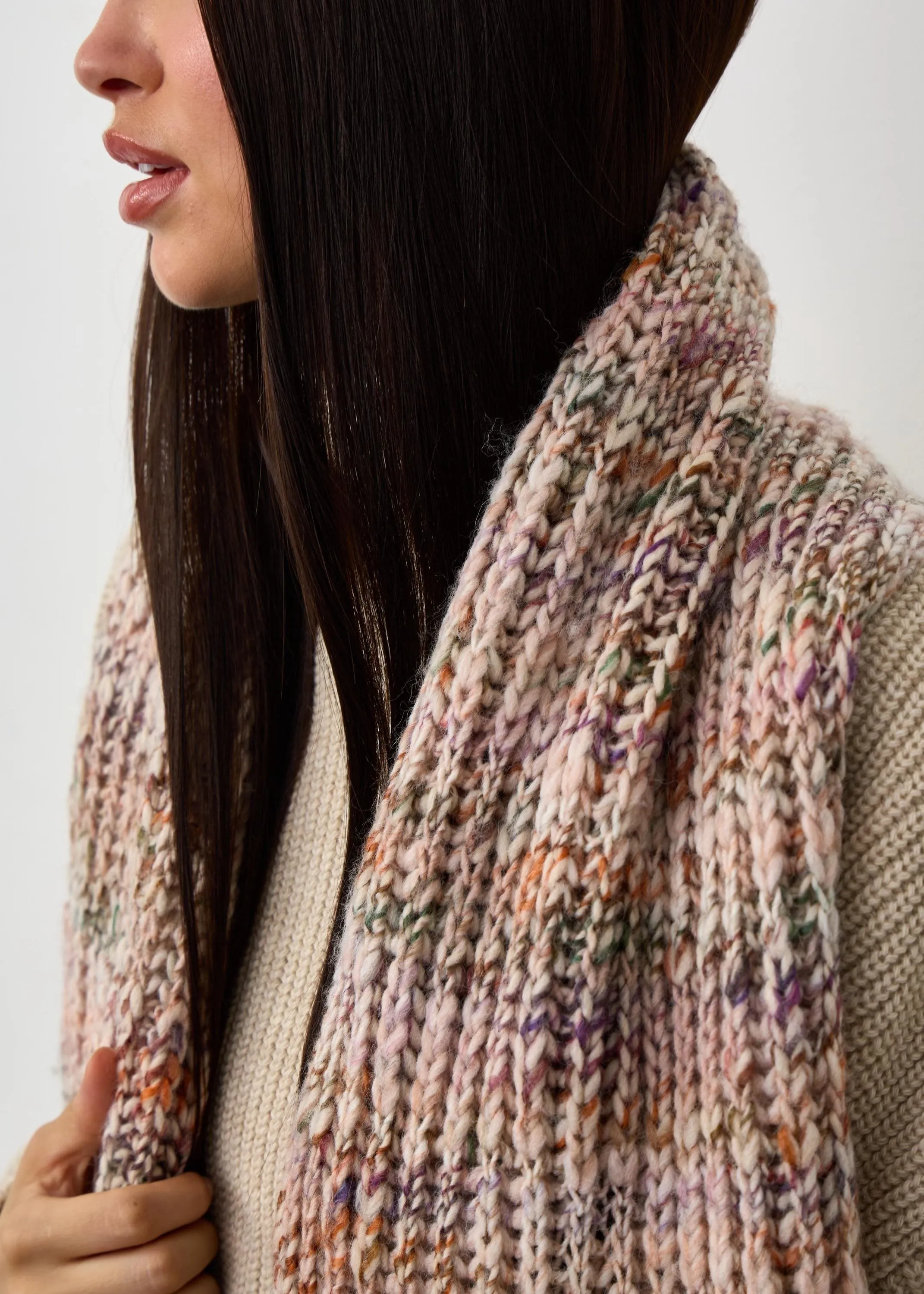 Oversized Alpaca Wool Scarf - White & Powder & Brown