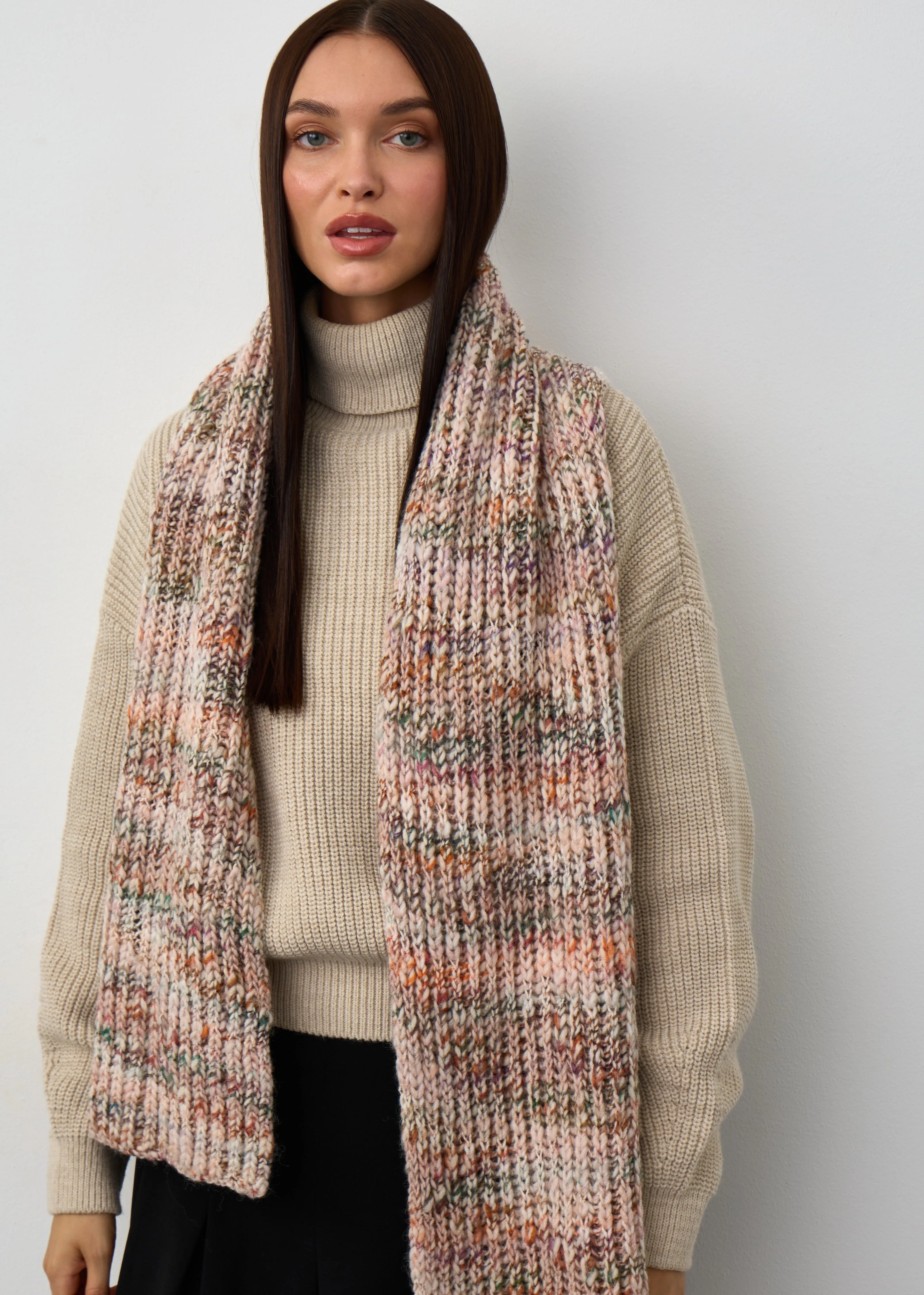 Oversized Alpaca Wool Scarf - White & Powder & Brown