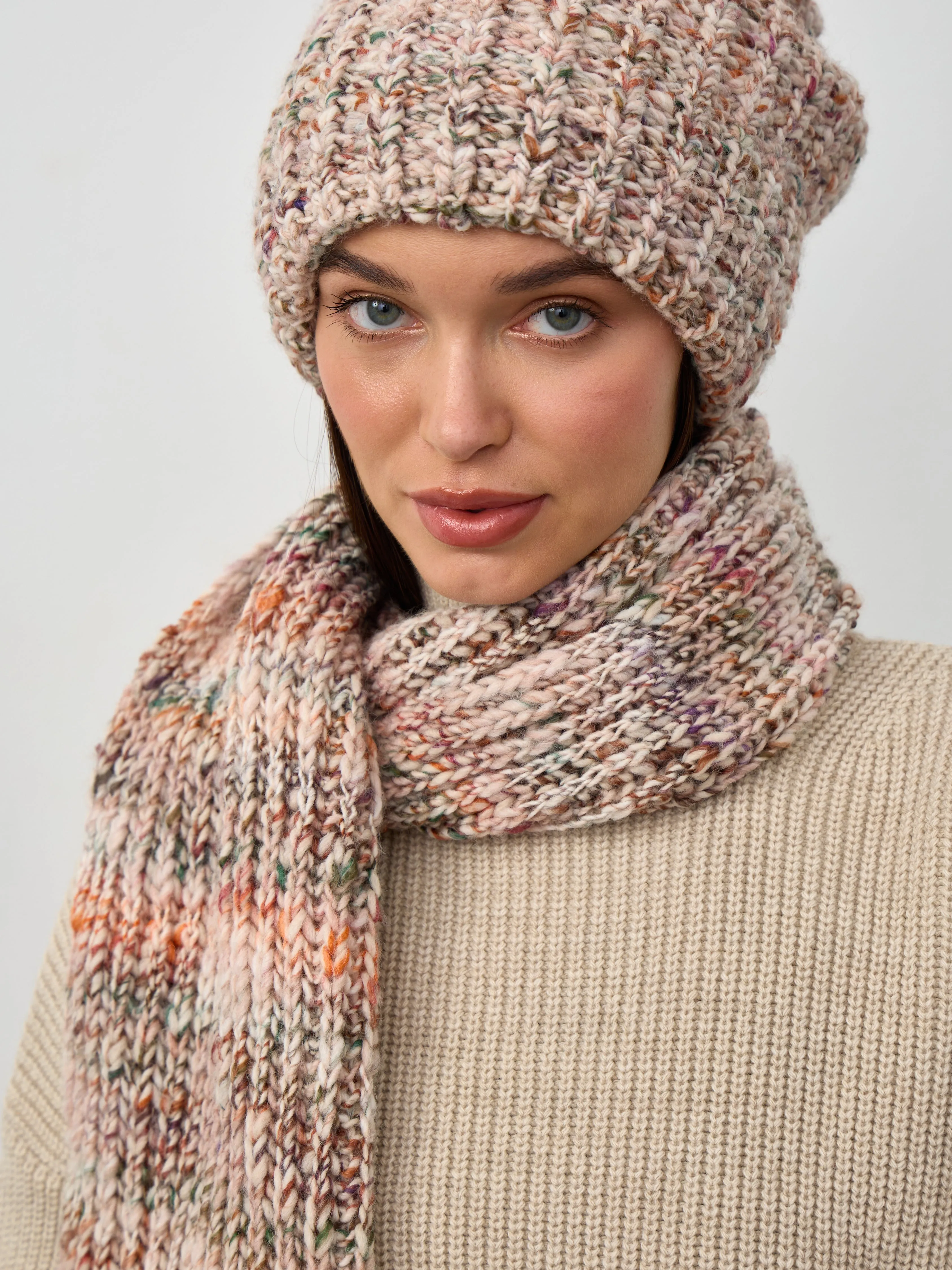 Oversized Alpaca Wool Scarf - White & Powder & Brown