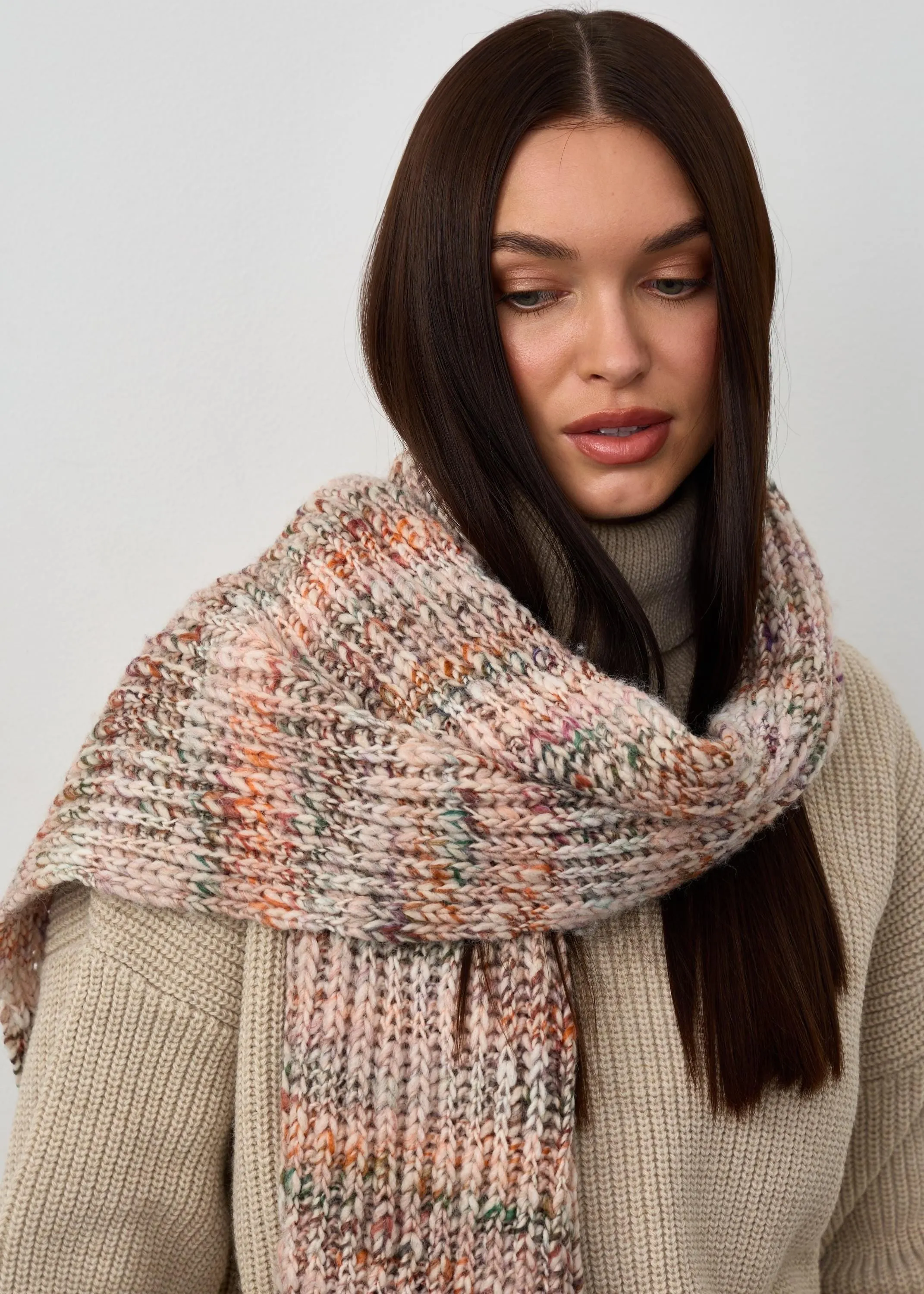 Oversized Alpaca Wool Scarf - White & Powder & Brown