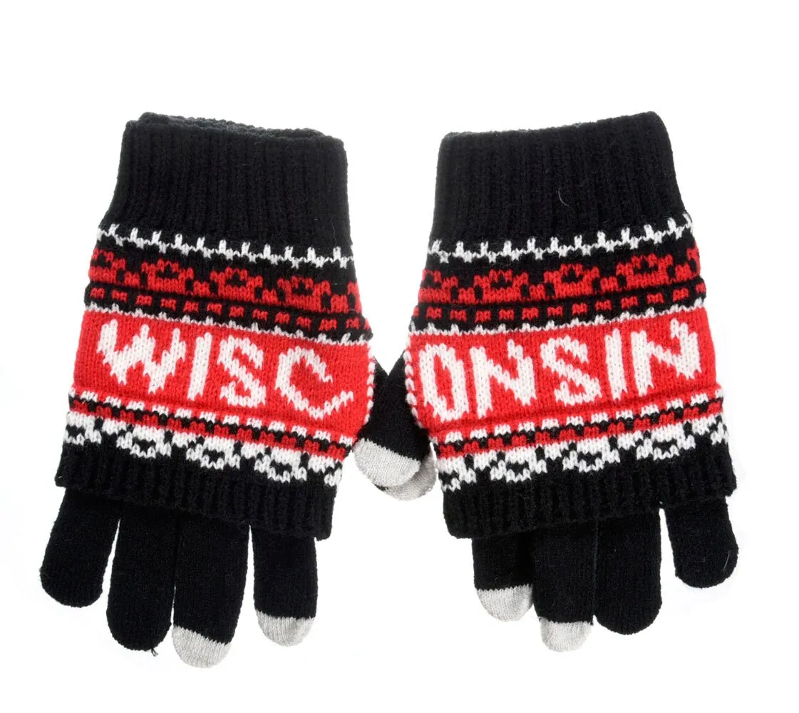 Wisconsin Black Red 2 in 1 Knit Gloves touch screen finger tips  Robin Ruth brand